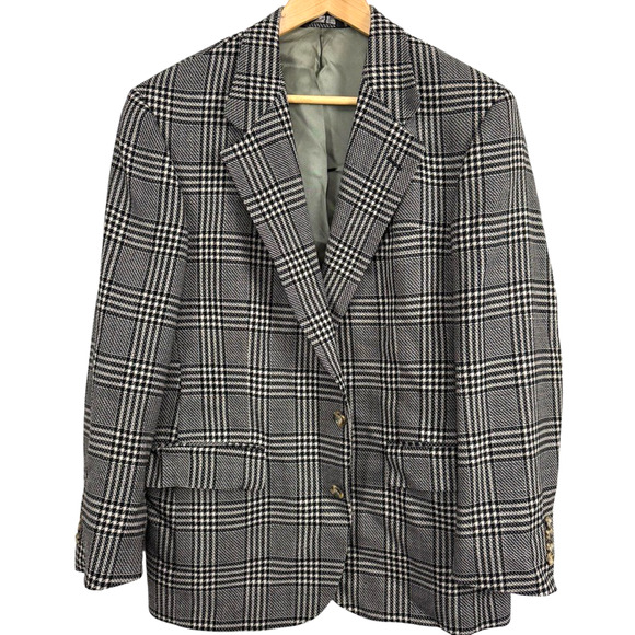 Polo University Club Ralph Lauren Glen Plaid Suit Jacket Blazer Black Gray 42 R